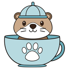 Cartoon Otter in Blue Cup with Paw Print Design, Adorable Animal Character