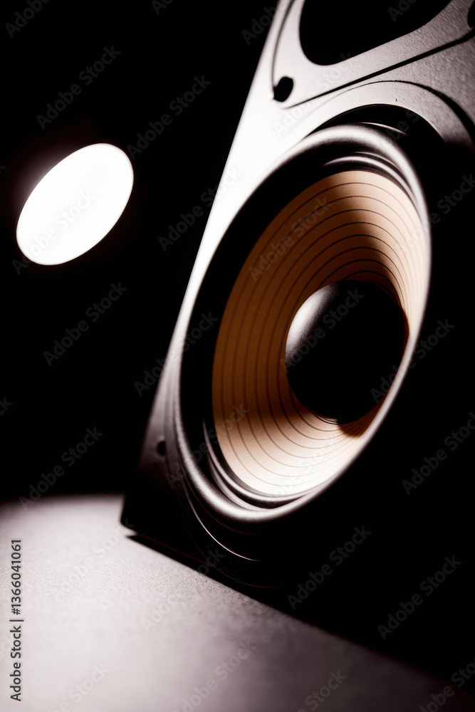 Poster high-quality audio speaker highlighted by soft light in dramatic low-key setting