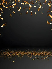 Gold confetti falling on black background, creating celebratory scene