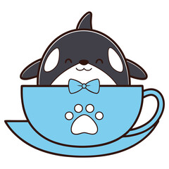 Cute Orca in Blue Cup with Paw Print, Cartoon Sea Animal Character Design