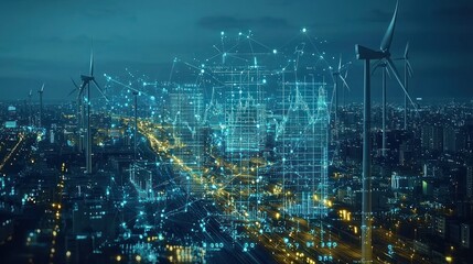 Smart city, wind energy, night, data, futuristic, urban planning, sustainable development, aerial view