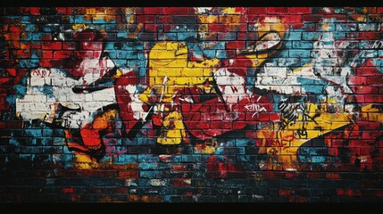 A wallpaper with a mix of graffiti elements, including abstract art, text, and stenciled designs on a brick wall background for an urban, artistic feel