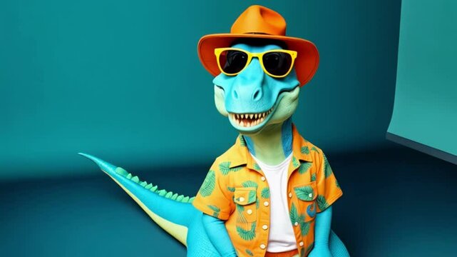 Funny dinosaur toy wearing sunglasses and tropical Hawaiian shirt against colorful background. T-Rex figurine with colorful leaf pattern outfit in humorous vacation concept