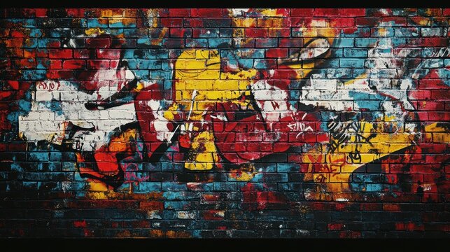 Fototapeta A wallpaper with a mix of graffiti elements, including abstract art, text, and stenciled designs on a brick wall background for an urban, artistic feel