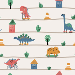 Dinosaurs in the cite with horizontal flat road map. Seamless pattern of dino on a skateboard, bike, rollers, and scooter. .  © Viola