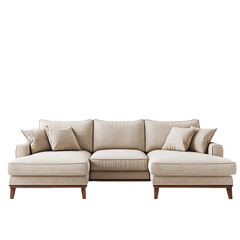 A beige couch with wooden legs and throw pillows on it.