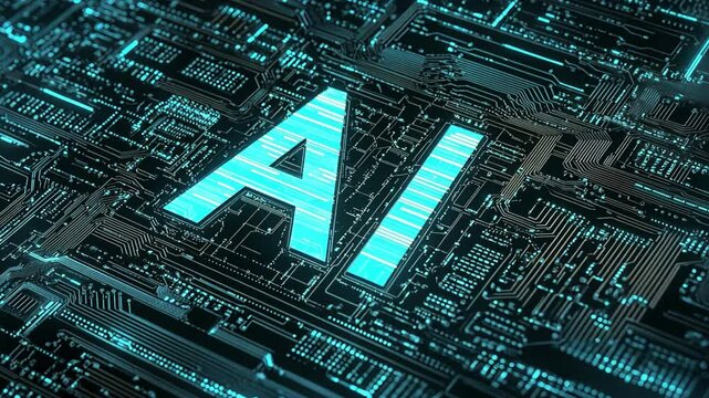 Digital Era: An illuminated "AI" logo glows against the backdrop of a complex circuit board, embodying the essence of artificial intelligence, data, and futuristic technology.