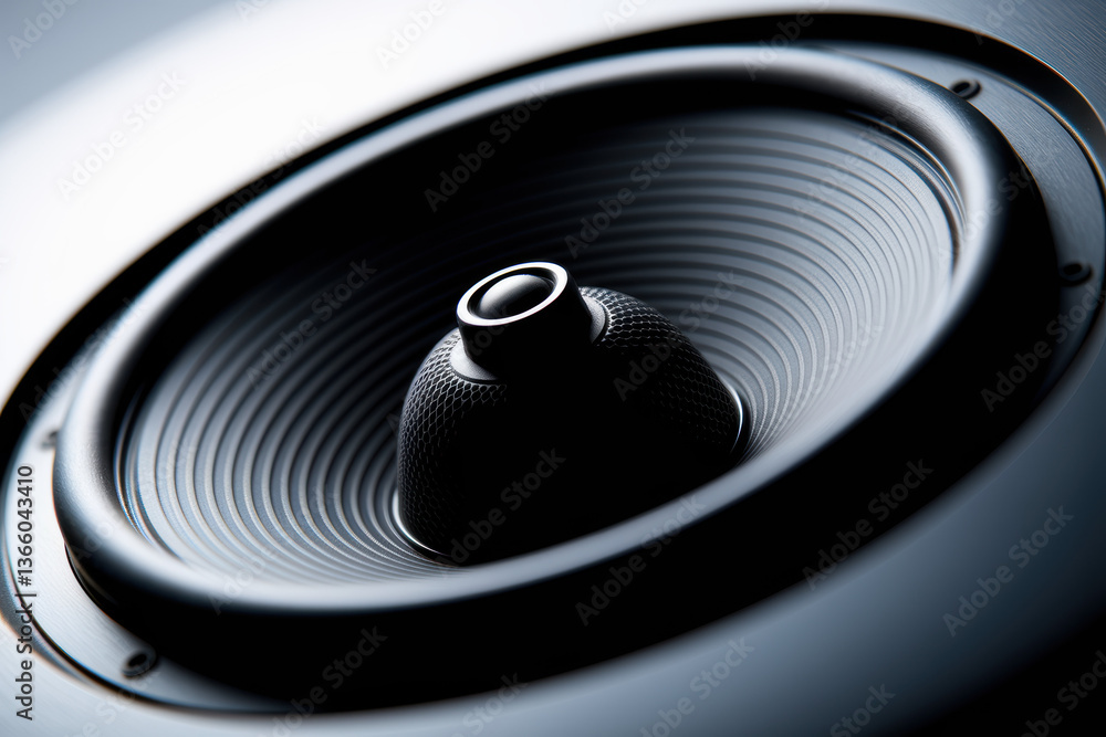 Poster sleek black speaker cone with subtle metallic detail and dynamic sound waves in modern design