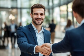 Success in negotiation. Smiling confident young businessman in formal suit handshake make deal with partner on stakeholders group meeting. Happy job seeker shake employers hand getting job. Copy space