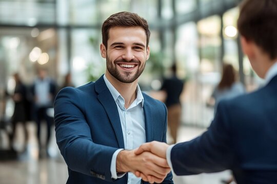 Success in negotiation. Smiling confident young businessman in formal suit handshake make deal with partner on stakeholders group meeting. Happy job seeker shake employers hand getting job. Copy space