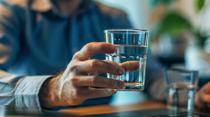 Person holding a glass of water while working