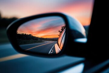 Scenic Sunset Reflected in Car Side Mirror on Winding Road Evoking Adventure and Freedom
