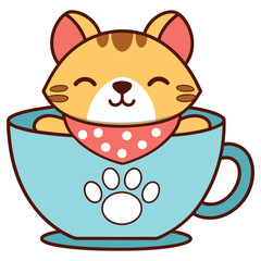 Cute Cartoon Cat in Blue Cup with Paw Print, Red Bandana, and White Background