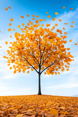 Golden tree shedding leaves against a blue sky on a hill covered in leaves