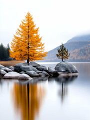 Golden tree on rocks mirrored in still lake water, forest behind