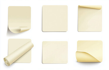 Collection of six square beige sticky notes with curled edges on a white background surface view