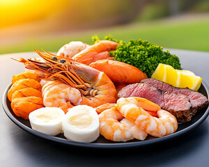 Gourmet seafood platter with grilled steak, prawns, and boiled eggs, garnished with lemon and broccoli