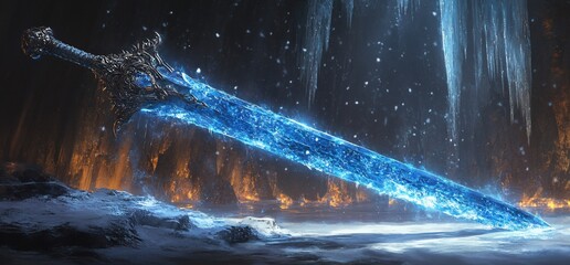Mystical frozen sword of power resting amidst snowy landscape and fiery glow