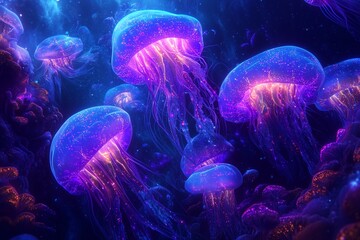 Obraz premium A bioluminescence poster with glowing sea creatures