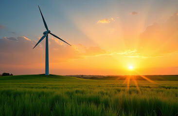 Fototapeta premium Wind turbine stands tall in a vibrant sunset over green fields at dusk