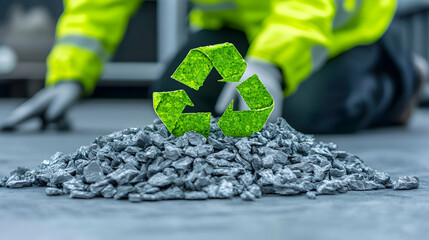 Green recycling symbol on a pile of grey recycled material, with a worker blurred in the background