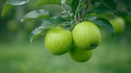 Green apples hang from a branch Water droplets cover the fruit and leaves