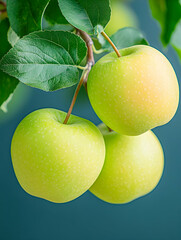 Green apples hanging from a branch