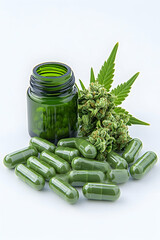 Green capsules, cannabis bud, and jar on white