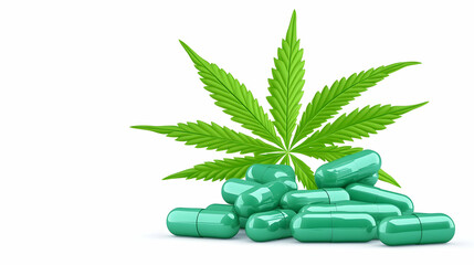 Green capsules sit near a marijuana leaf