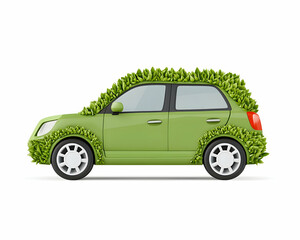 Green car covered in lush vegetation, symbolizing eco-friendly transportation