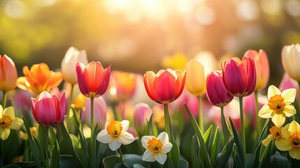 A wallpaper filled with vibrant tulips and daffodils against a soft, sunny background, capturing the essence of a cheerful spring day