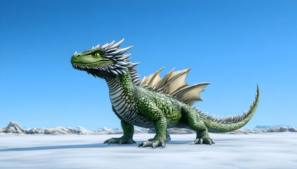 Green dragon with spines stands on snow, under a blue sky, facing the left
