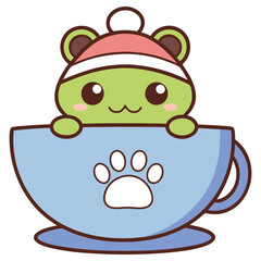 Cute Green Cartoon Frog in Pink Winter Hat Inside Blue Cup with Paw Print