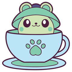 Kawaii Green Frog Character Inside Light Blue Coffee Cup Design with Paw Print