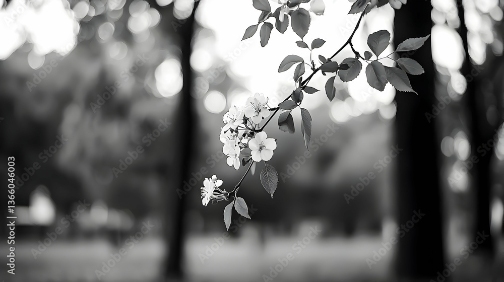 Poster close up black and white image of a branch with blossoms leaves and soft bokeh background