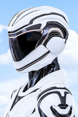 Futuristic white helmet and suit profile