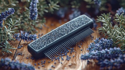 Lavender infused pet comb on wood, surrounded by lavender.  Pet care, aromatherapy