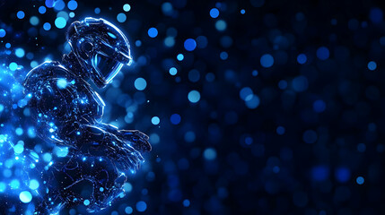 Futuristic warrior silhouette in glowing blue light