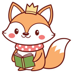 Cartoon Fox with Crown Reading Book, Cute Animal Character with Transparent Background