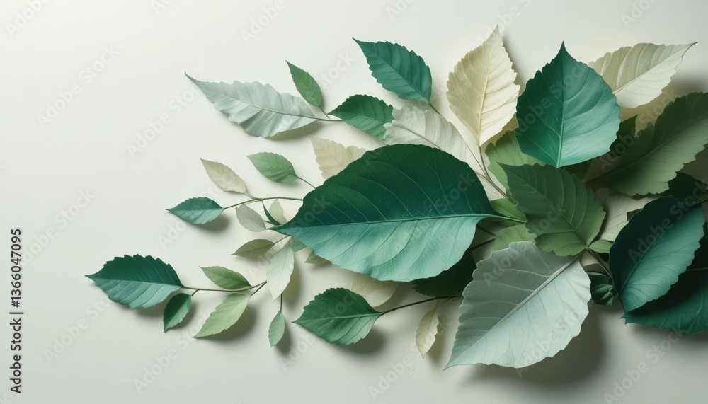 Poster leaf arrangement art studio setting nature photography minimalistic display overhead view botanical 
