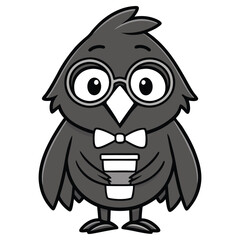 Animated Gray Bird Wearing Glasses, Bow Tie and Holding Coffee with Transparent BG