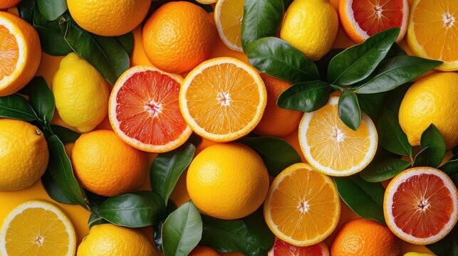 A wallpaper with vibrant citrus fruits, such as oranges and lemons, scattered on a bright background, embodying the freshness of summer - Powered by Adobe