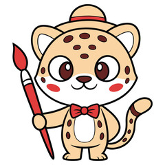 Cartoon Leopard Artist with Hat and Bow Tie Holding Red Brush on White Background