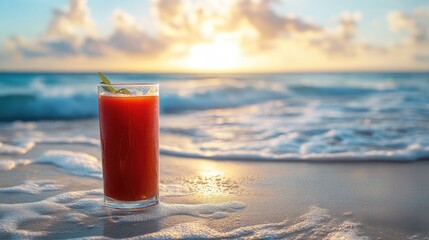 A tranquil scene capturing a glass of tomato juice on a beachside table, with the ocean waves in the background, encapsulating wellness and peace.