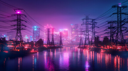 Vibrant Neon Cityscape at Night with Pink and Purple Lights