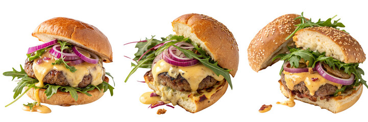 Set of a burger with cheese and onions on top and creamy sauce cut out isolated on a transparent background