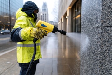 Worker power washing building exterior