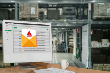 Cyber attacking concept. Malware alert showing on computer screen display scam and threat detection on computer system or online server to be removed snugly.