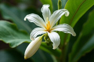 Obraz premium A pristine white flower, delicately unfurling its petals against lush green foliage, showcasing nature's gentle beauty in soft, natural light.