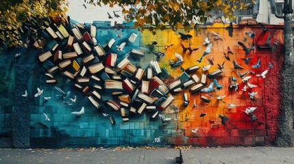 Colorful mural of books and birds on a city wall.